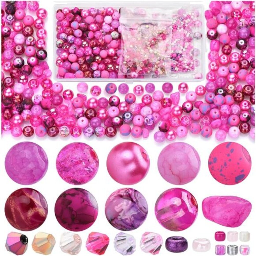 Rired 27 8mm Round Glass Beads Kit, Craft Beads for Bracelet Making, Hot Pink